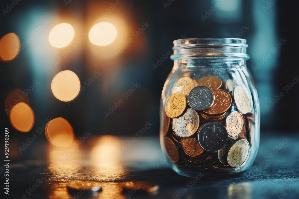 A glass jar filled with coins sits on a dark surface, with a warm bokeh background suggesting a cozy and inviting atmosphere. The image represents savings, financial goals, and the pursuit of prosperi A glass jar filled with coins sits on a dark surface, with a warm bokeh background suggesting a cozy and inviting atmosphere. The image represents savings, financial goals, and the pursuit of prosperi