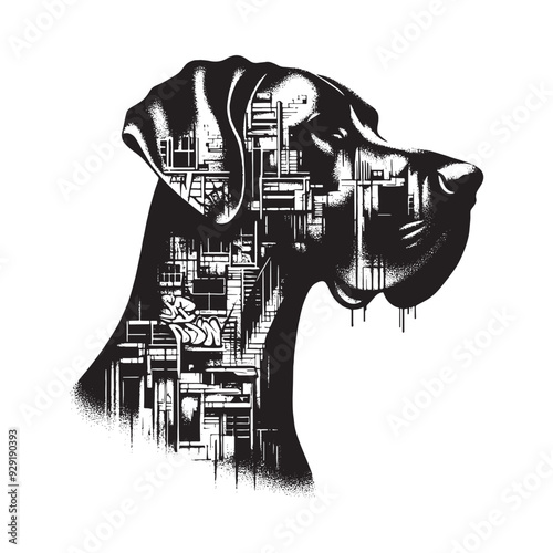 silhouette of Great Dane, filled with graffiti street wall in rough drawing,