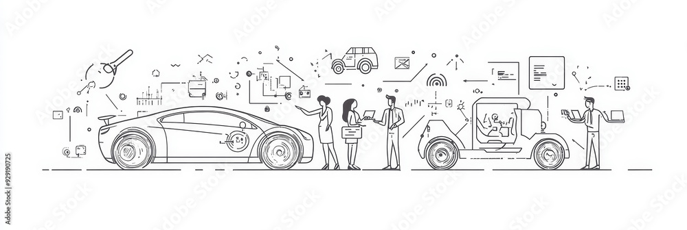 Fototapeta premium A group of people interact with a futuristic car, symbolizing innovation, technology, connectivity, mobility, and the future of transportation.