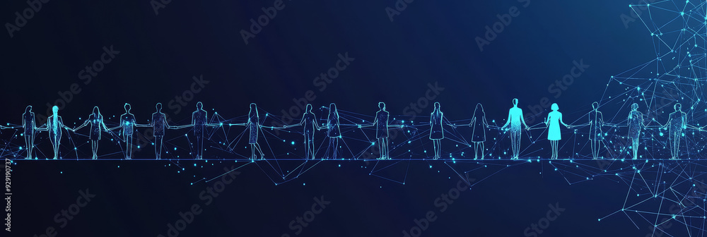Obraz premium A group of people connected through a digital network, symbolizing social connections, communication, community, collaboration, and the power of technology.