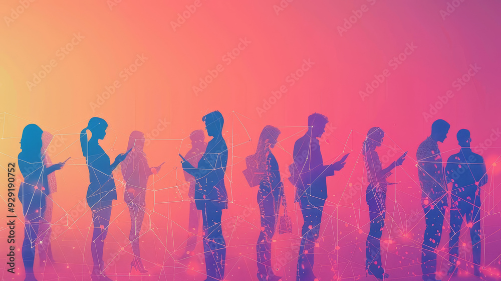 Fototapeta premium A group of people silhouetted against a vibrant background, each using a mobile device, representing the interconnectedness of modern society and reliance on technology.