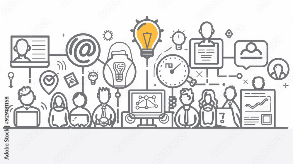 A line illustration depicting a team of people collaborating on a project, with a light bulb symbolizing an idea, a clock symbolizing time management, and a network symbolizing communication. A line illustration depicting a team of people collaborating on a project, with a light bulb symbolizing an idea, a clock symbolizing time management, and a network symbolizing communication.
