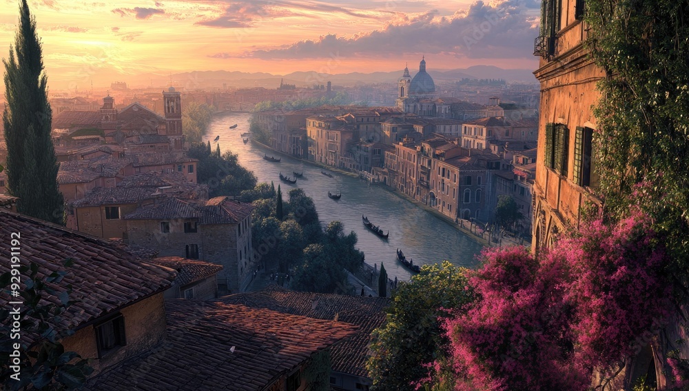 Obraz premium Sunset over Venice with gondolas and pink flowers.