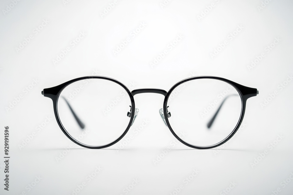 A pair of black round eyeglasses with clear lenses sit on a white background, symbolizing vision, clarity, style, intellect, and professionalism. A pair of black round eyeglasses with clear lenses sit on a white background, symbolizing vision, clarity, style, intellect, and professionalism.