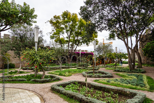 Garden of Tavira Castle in Portugal. 11th-century castle ruins with garden inside