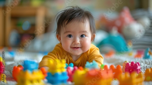 Happy Baby in Crib, Cute Infant Smiling, Joyful Baby in Bed, Adorable Baby in Cradle, Content Baby in Nursery, Smiling Baby in Crib