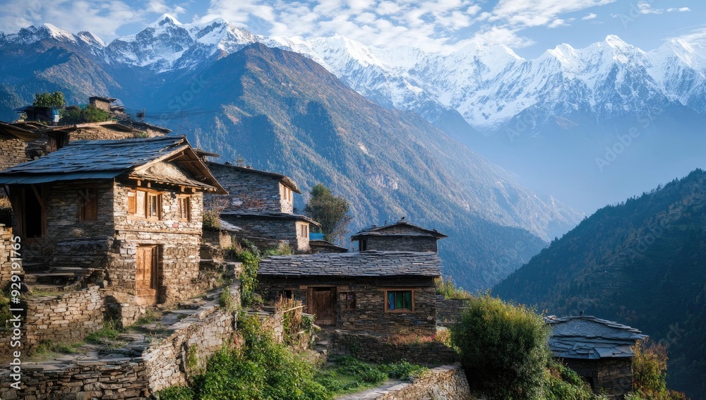Stone houses on a hillside, snowy mountains in the background. Stone houses on a hillside, snowy mountains in the background.