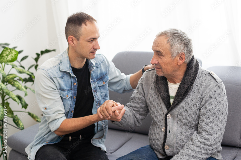 Portrait of grandfather and his teen grandson smiling. Isolated white background Portrait of grandfather and his teen grandson smiling. Isolated white background