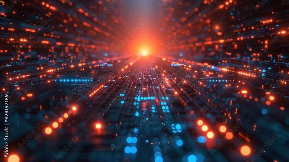 A 3D rendering of a digital network pathway with glowing lights.