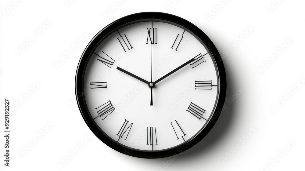 A simple yet elegant black and white wall clock with Roman numerals, showcasing the concept of time, punctuality, schedule, and organization. A simple yet elegant black and white wall clock with Roman numerals, showcasing the concept of time, punctuality, schedule, and organization.
