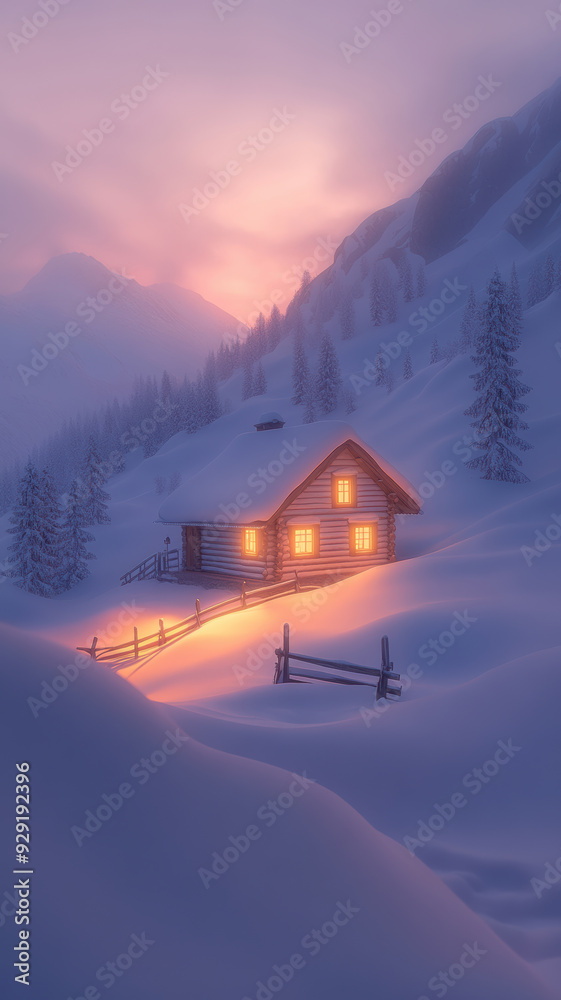 Snowy cabin with warm glow and pink sky Snowy cabin with warm glow and pink sky