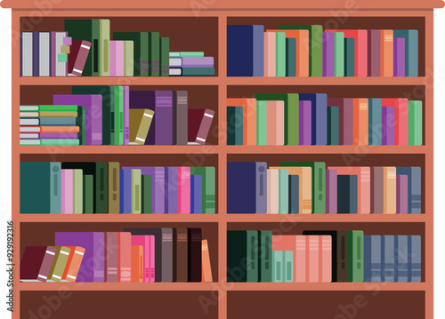 Bookcase full of books. Library interior wooden furniture