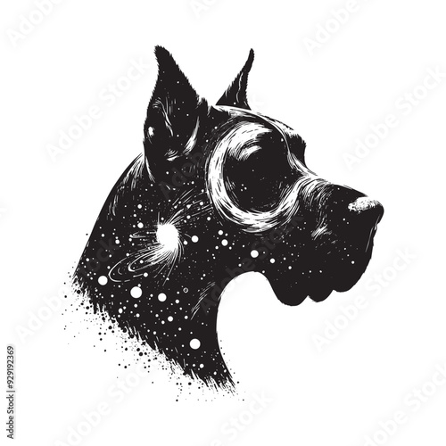 silhouette of Great Dane, filled with space and sci-fi element in rough drawing,