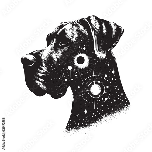 silhouette of Great Dane, filled with space and sci-fi element in rough drawing,