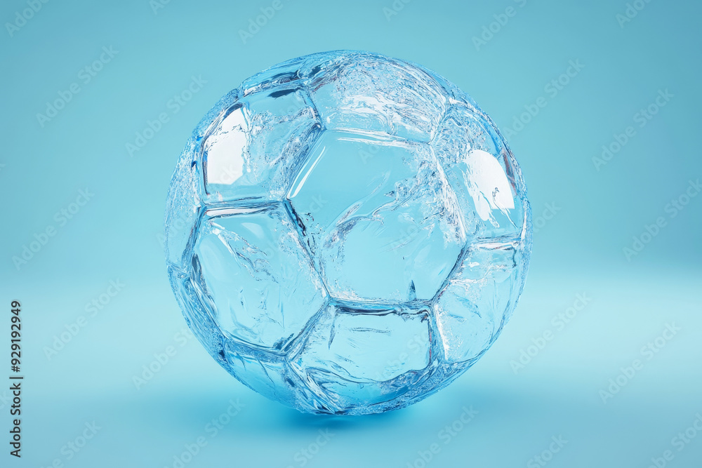 Naklejka premium A soccer ball made of water, with the texture of the ball clearly visible, on a blue background, symbolizing: refreshing, sport, unique, liquid, and clean.