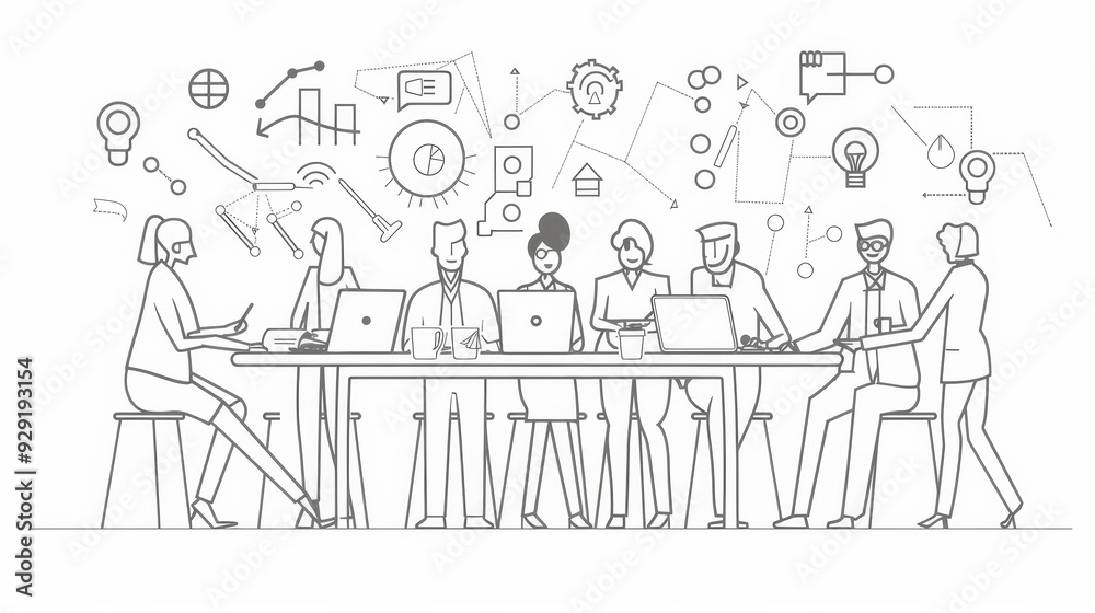 A team of diverse individuals collaborates in a brainstorming session, with icons representing ideas, data, and innovation. A team of diverse individuals collaborates in a brainstorming session, with icons representing ideas, data, and innovation.