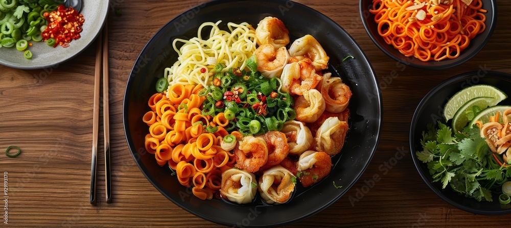 Asian Style Spicy Shrimp Wonton Noodle Soup Bowl with Ingredients on Rustic Wooden Table, Top View Asian Style Spicy Shrimp Wonton Noodle Soup Bowl with Ingredients on Rustic Wooden Table, Top View