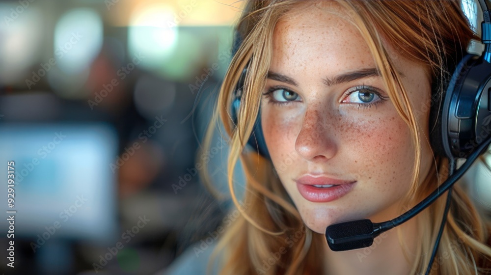 Portrait of a Confident Young Woman with Freckles Wearing Headset in a Busy Office Environment Portrait of a Confident Young Woman with Freckles Wearing Headset in a Busy Office Environment