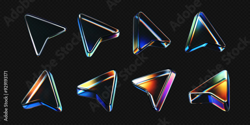 3d glass arrow icons set with refraction and holographic effect isolated on dark background. Render transparent glass cursor with overlay dispersion light, rainbow gradient. 3d vector morphism