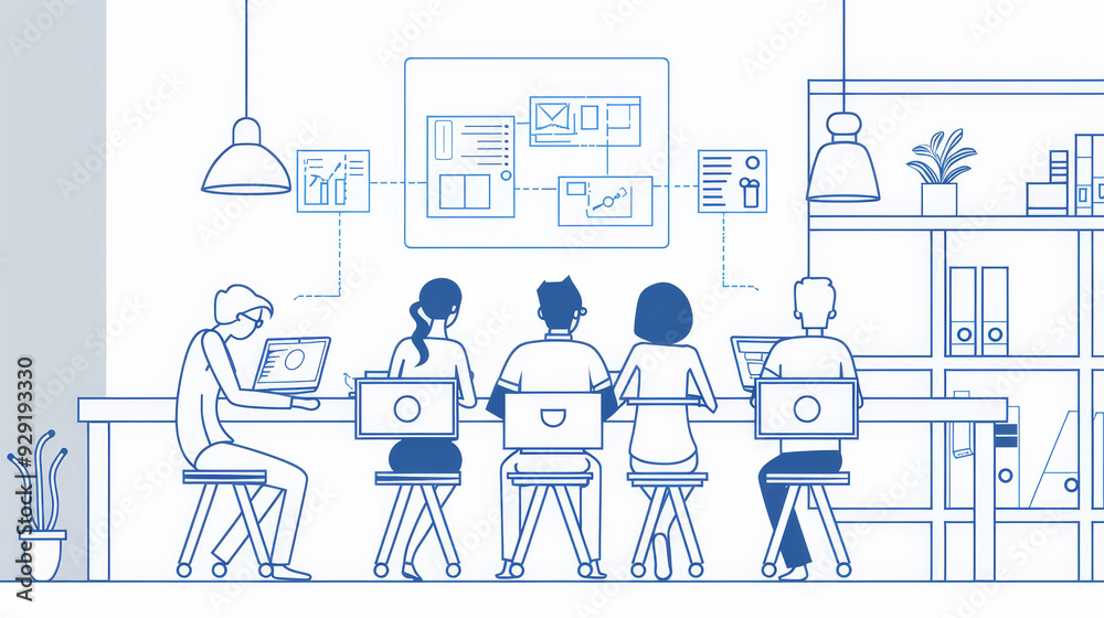 A team of four individuals working together at a table, analyzing a project plan displayed on a whiteboard. They are collaborating, discussing, and planning their next steps. This image symbolizes tea A team of four individuals working together at a table, analyzing a project plan displayed on a whiteboard. They are collaborating, discussing, and planning their next steps. This image symbolizes tea