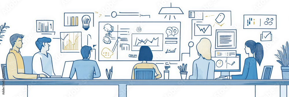 A team of four people is working together at a desk, collaborating on a project. The image symbolizes teamwork, communication, innovation, technology, and productivity. A team of four people is working together at a desk, collaborating on a project. The image symbolizes teamwork, communication, innovation, technology, and productivity.