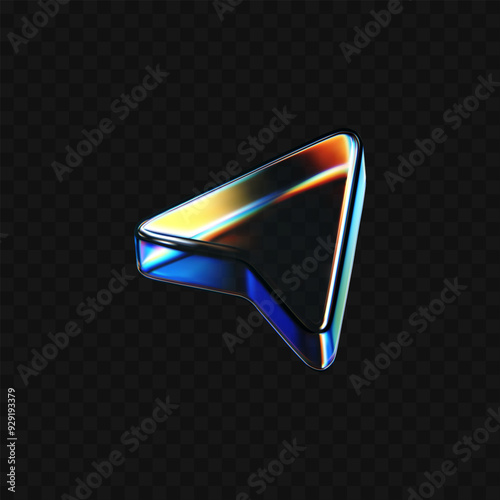 3d glass arrow icon with refraction and holographic effect isolated on dark background. Render transparent glass cursor with overlay dispersion light, rainbow gradient. 3d vector morphism