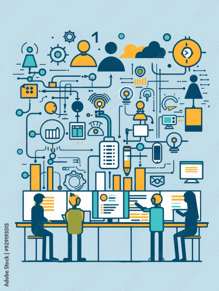 A team of people collaborates, analyzing data, and strategizing for business growth with digital tools and network technology A team of people collaborates, analyzing data, and strategizing for business growth with digital tools and network technology