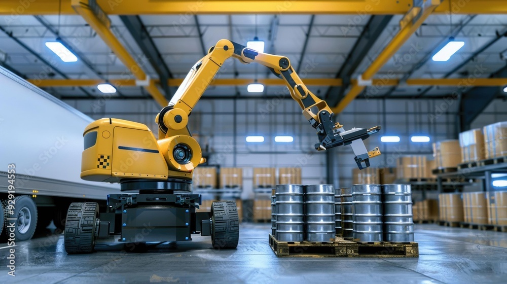 Industrial robotic arm moving parts on an assembly line in a high-tech factory. Industrial robotic arm moving parts on an assembly line in a high-tech factory.