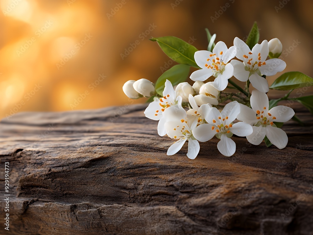 Fototapeta premium A delicate bouquet of white flowers resting on a wooden surface with a soft, warm background.