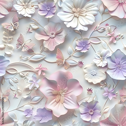A delicate arrangement of pastel-colored flowers and butterflies in a textured design.