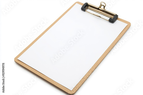 A wooden clipboard with a golden clip and a blank white sheet of paper, symbolizing organization, productivity, ideas, and potential.