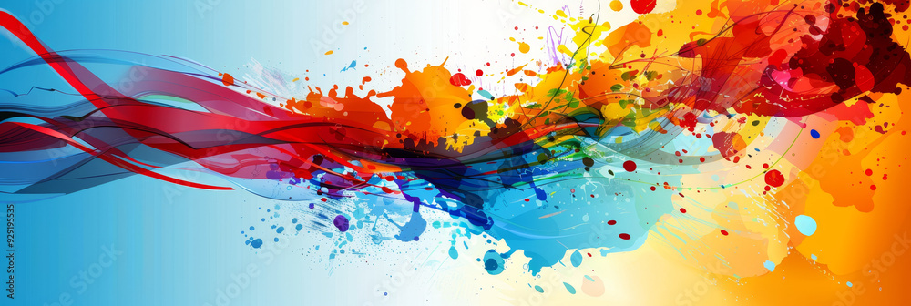 Fototapeta premium An abstract digital painting featuring vibrant splashes of color in blue, red, yellow, and orange, forming a dynamic composition. The splashes are interwoven with flowing, translucent lines, creating