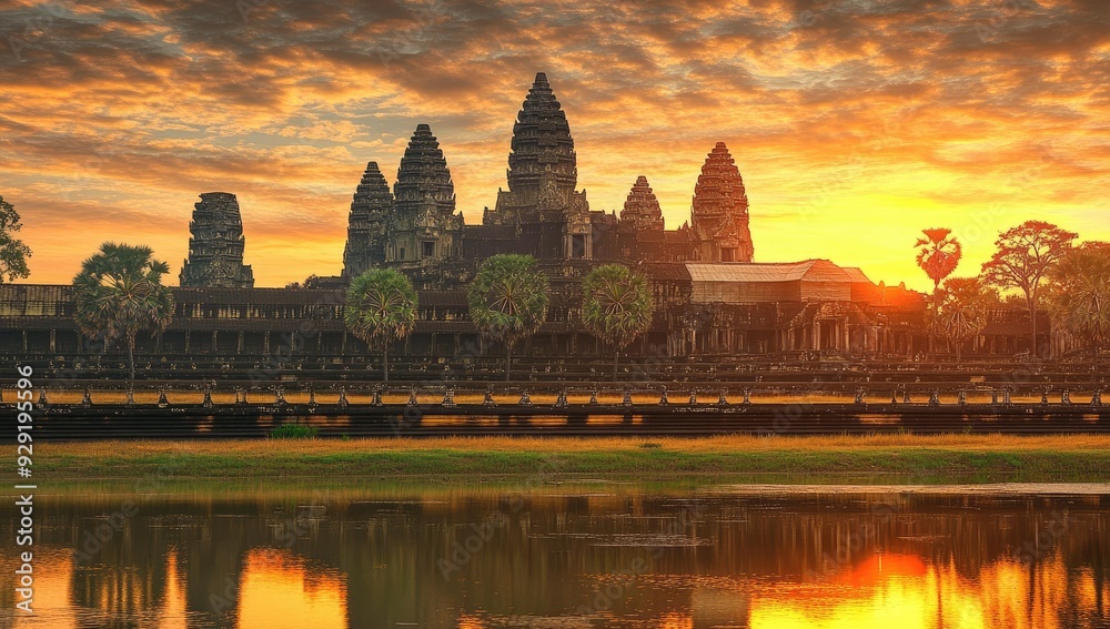 Fototapeta premium Angkor Wat temple at sunrise with reflection.