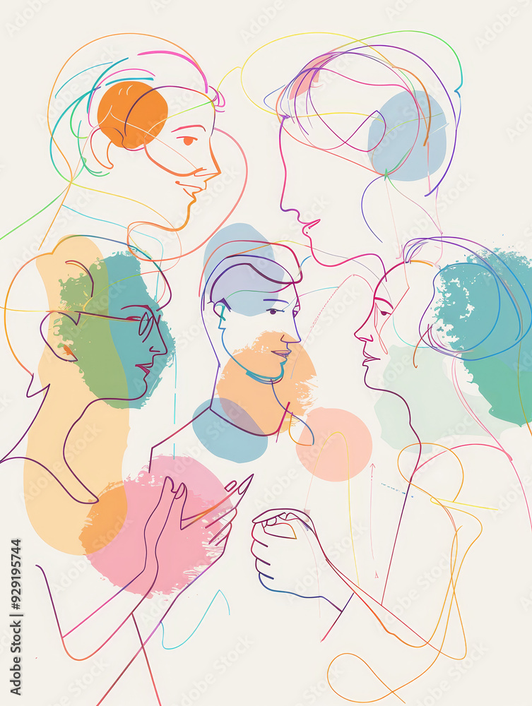 An illustration of four individuals communicating with each other, showcasing diversity, connection, and understanding through abstract lines and vibrant colors.
