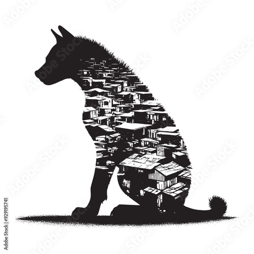 silhouette of hyena, filled with ghetto street in rough drawing,