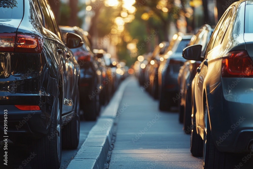 Obraz premium Cars parked on the road in the evening. Rows of cars parked on the roadside in residential district with generative ai