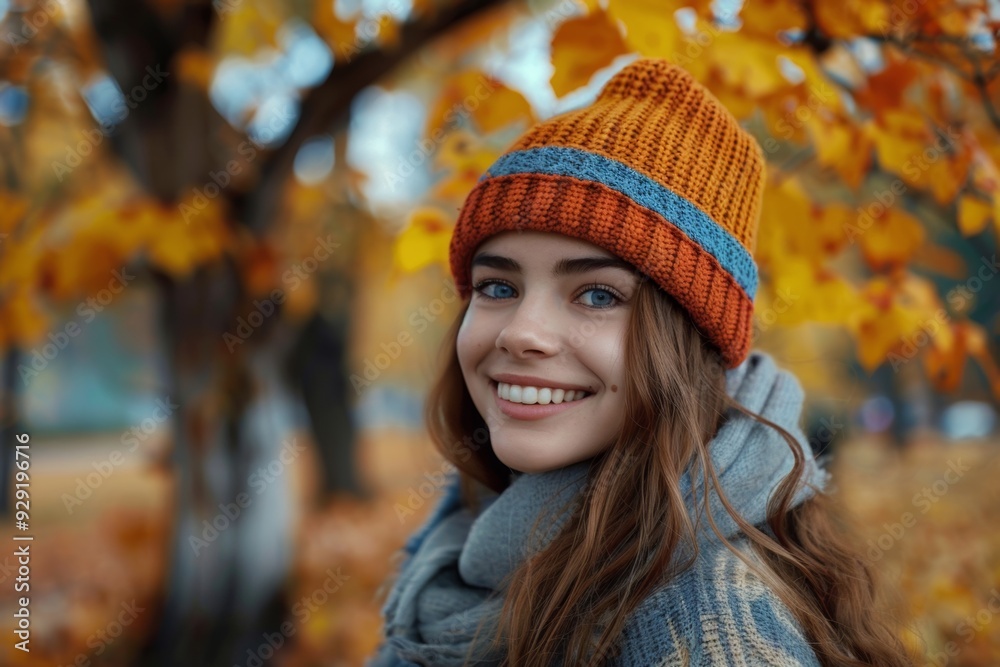 Autumn joy with a smiling woman wearing a knitted hat amid vibrant fall foliage in a park on a sunny day Autumn joy with a smiling woman wearing a knitted hat amid vibrant fall foliage in a park on a sunny day