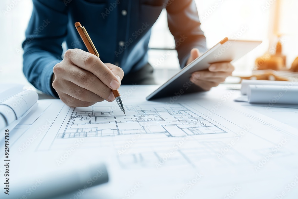 Architect working on blueprint designs using a tablet and pencil, focusing on detail and precision in a modern office setting with natural light. Architect working on blueprint designs using a tablet and pencil, focusing on detail and precision in a modern office setting with natural light.