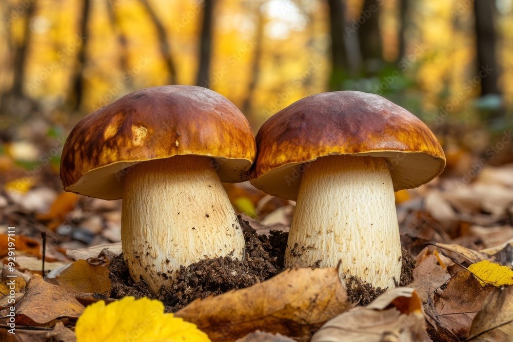In a vibrant forest environment, two mushrooms are beautifully surrounded by colorful autumn leaves everywhere In a vibrant forest environment, two mushrooms are beautifully surrounded by colorful autumn leaves everywhere