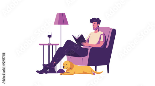vector man sitting on chair reading book dog lying nearby . Generative AI