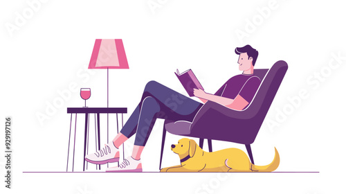 vector man sitting on chair reading book dog lying nearby . Generative AI