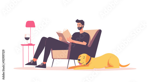 vector man sitting on chair reading book dog lying nearby . Generative AI