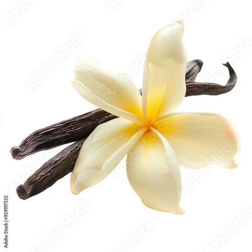 Vanilla flowers and vanilla pods isolated on white or transparent background, png clipart, design element. Easy to place on any other background.