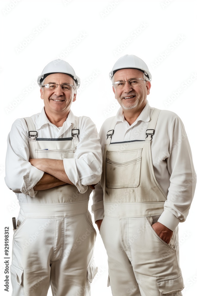 A professional craftsman team of two grandfathers, posing in hardhats, working together. A professional craftsman team of two grandfathers, posing in hardhats, working together.