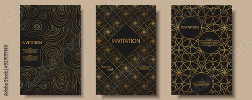 Luxury invitation card background set. Abstract Golden geometric shape, gold line gradient on dark background. Premium design for gala card, grand opening, party invitation, layout, templates.