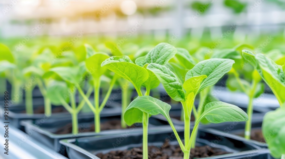 Close up of young green seedlings in plastic pots grow inside modern greenhouse for plantings and growing vegetables.