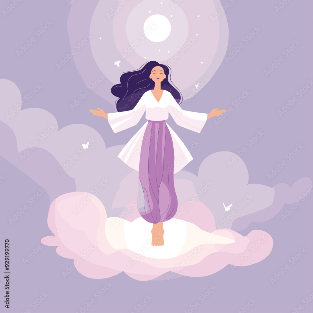 Woman in a meditative levitating pose with a serene background.
