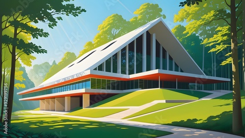 Modern office building in the forest. illustration of a modern office building. photo