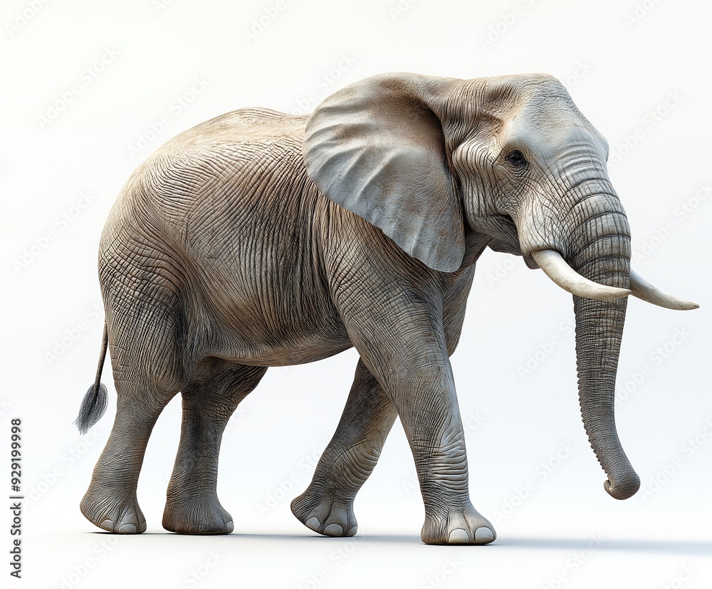 Majestic elephant with large tusks walking on a white background. Wild animal showcasing its grandeur and strength. Majestic elephant with large tusks walking on a white background. Wild animal showcasing its grandeur and strength.