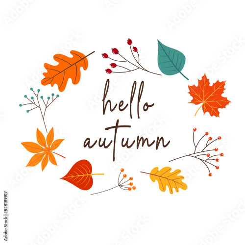 hello autumn text with autumn leaves. Vector illustration.